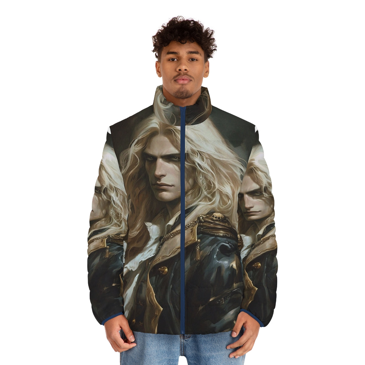 Alucard Castlevania Themed Puffer Jacket with Iconic Vampire and Gaming Imagery - men front