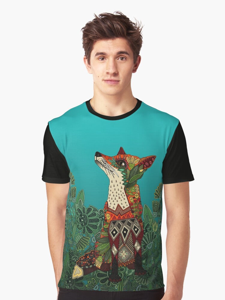 A floral fox graphic t-shirt featuring a colorful, botanical design with flowers, leaves, and a fox motif. - Men