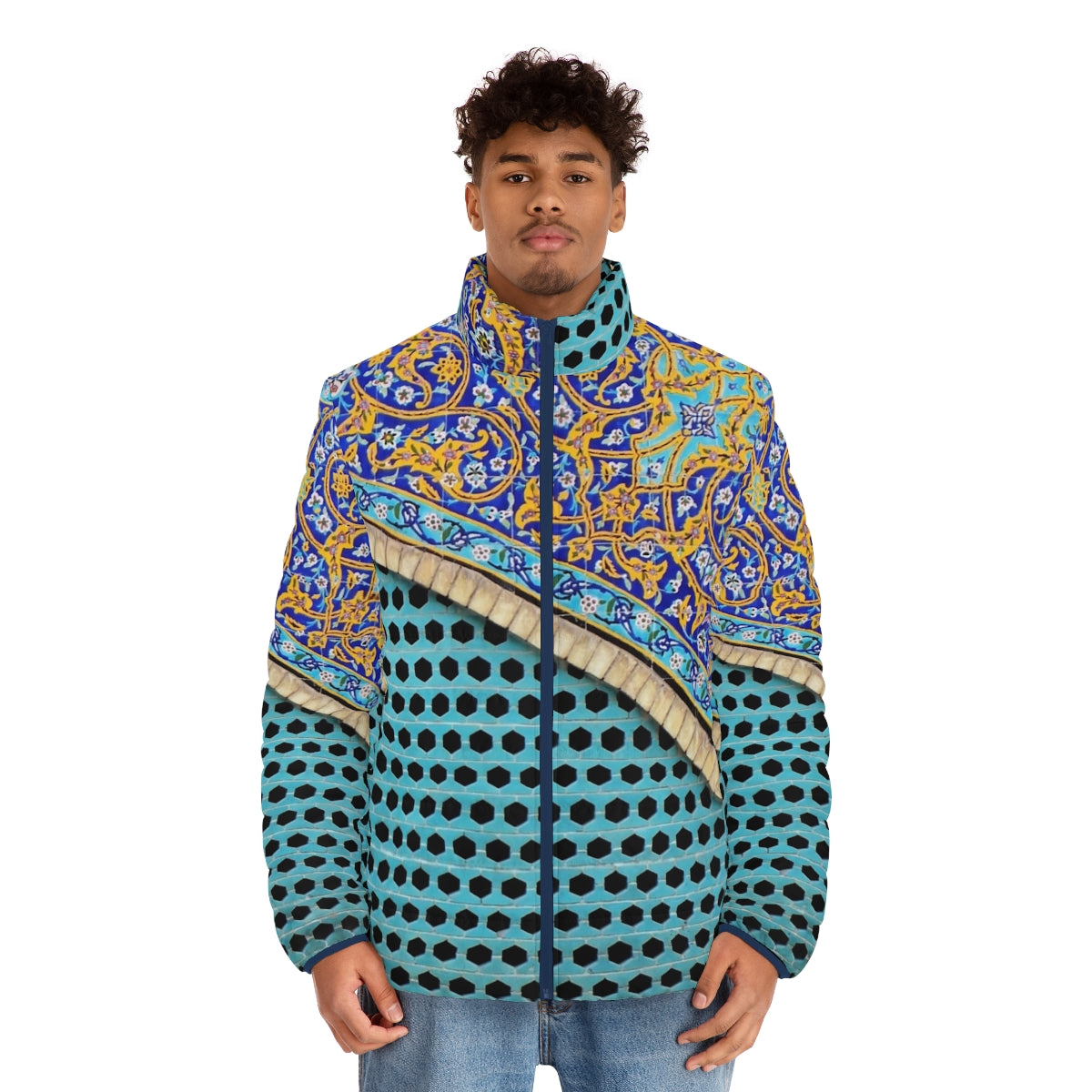 Persian tiles puffer jacket with mosaic pattern and arch design - men front