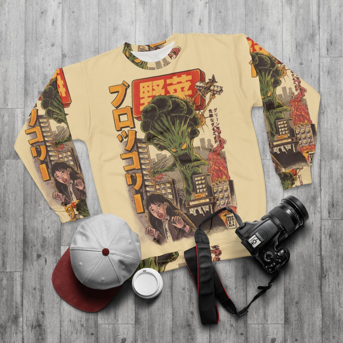 Broccoli monster kaiju anime design sweatshirt - flat lay