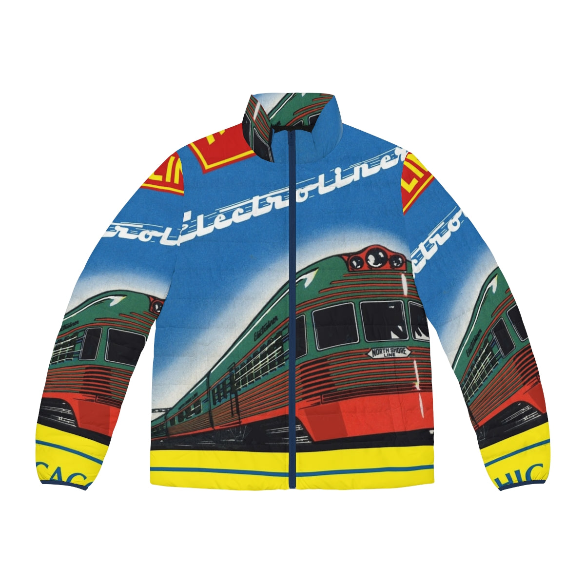 Vintage North Shore Electroliner Puffer Jacket featuring a classic electric train design