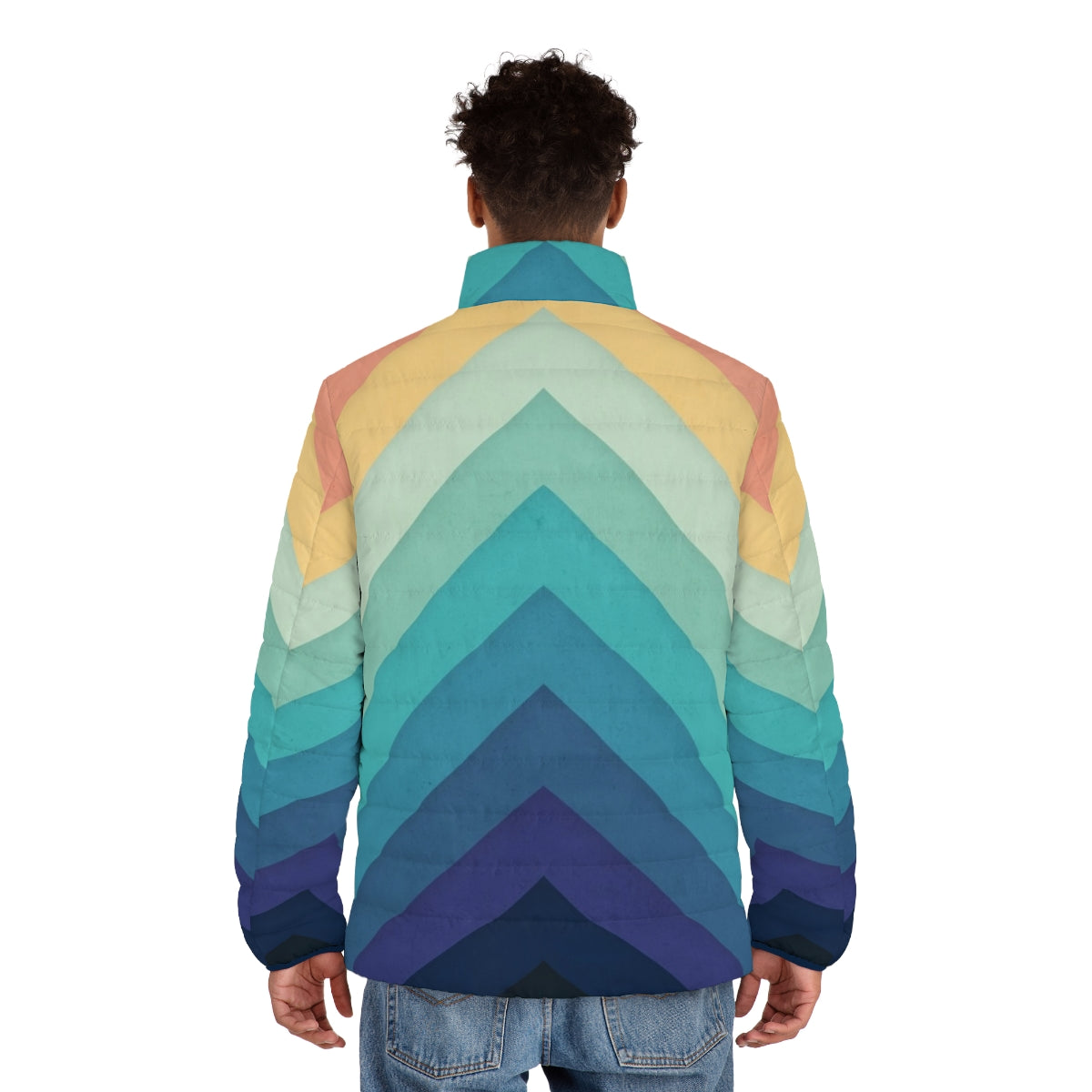 Retro puffer jacket with bold chevron pattern in vibrant rainbow colors - men back