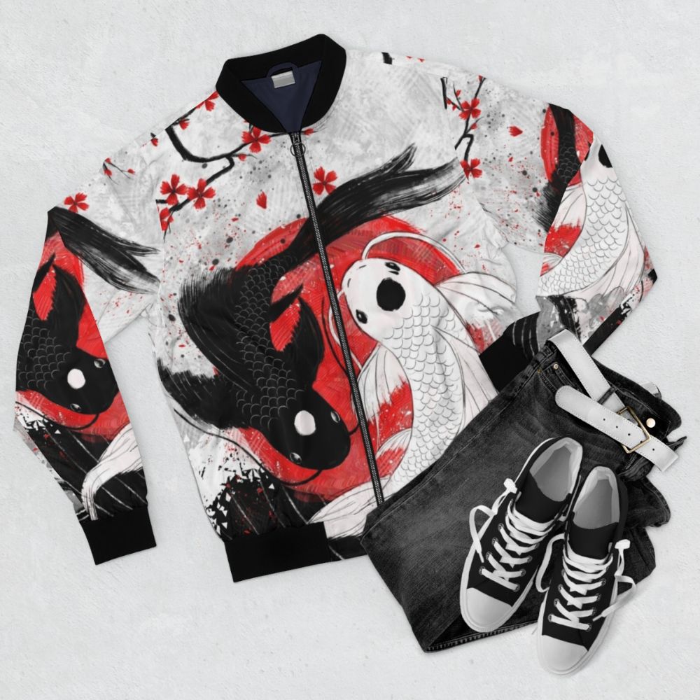 Koi fish yin yang bomber jacket with Asian-inspired design - Flat lay