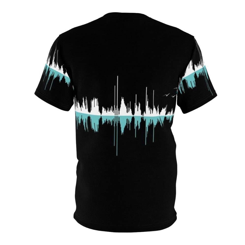 Black and white graphic t-shirt with a sound wave and city skyline design - Back