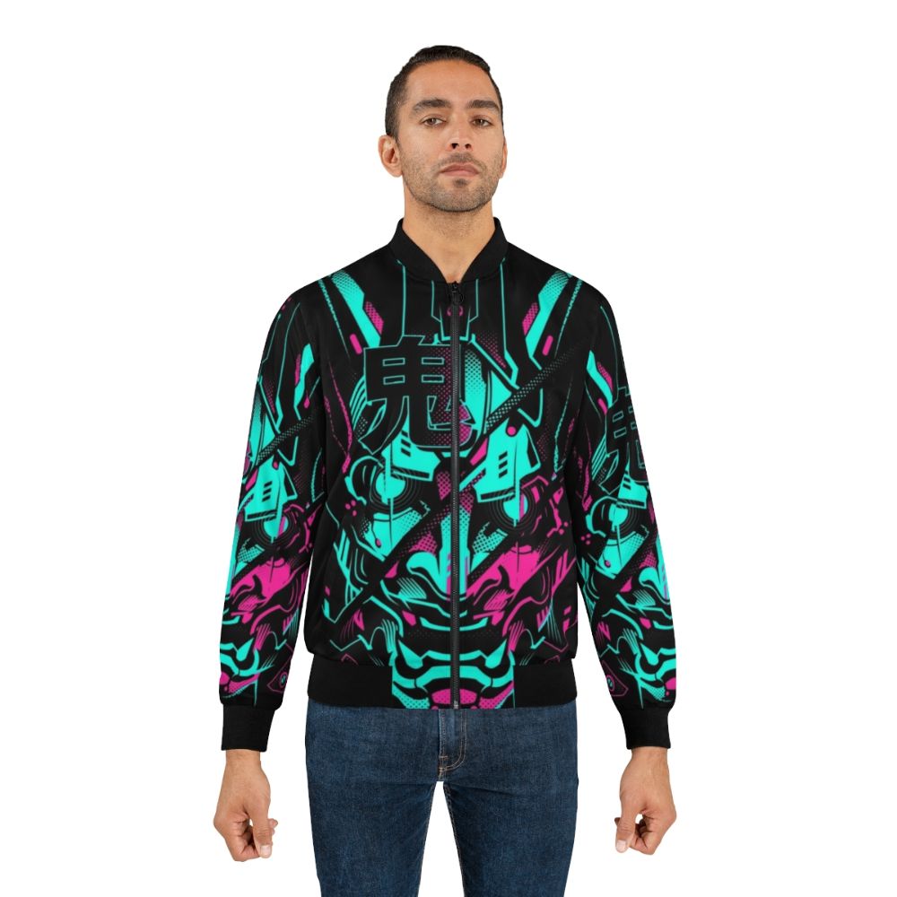 Cyberpunk style bomber jacket with neon oni and glitch design - Lifestyle