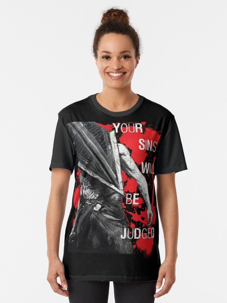 "Your Sins Will Be Judged...Again" horror-themed graphic t-shirt with scary pyramid, head, and hill imagery - Women