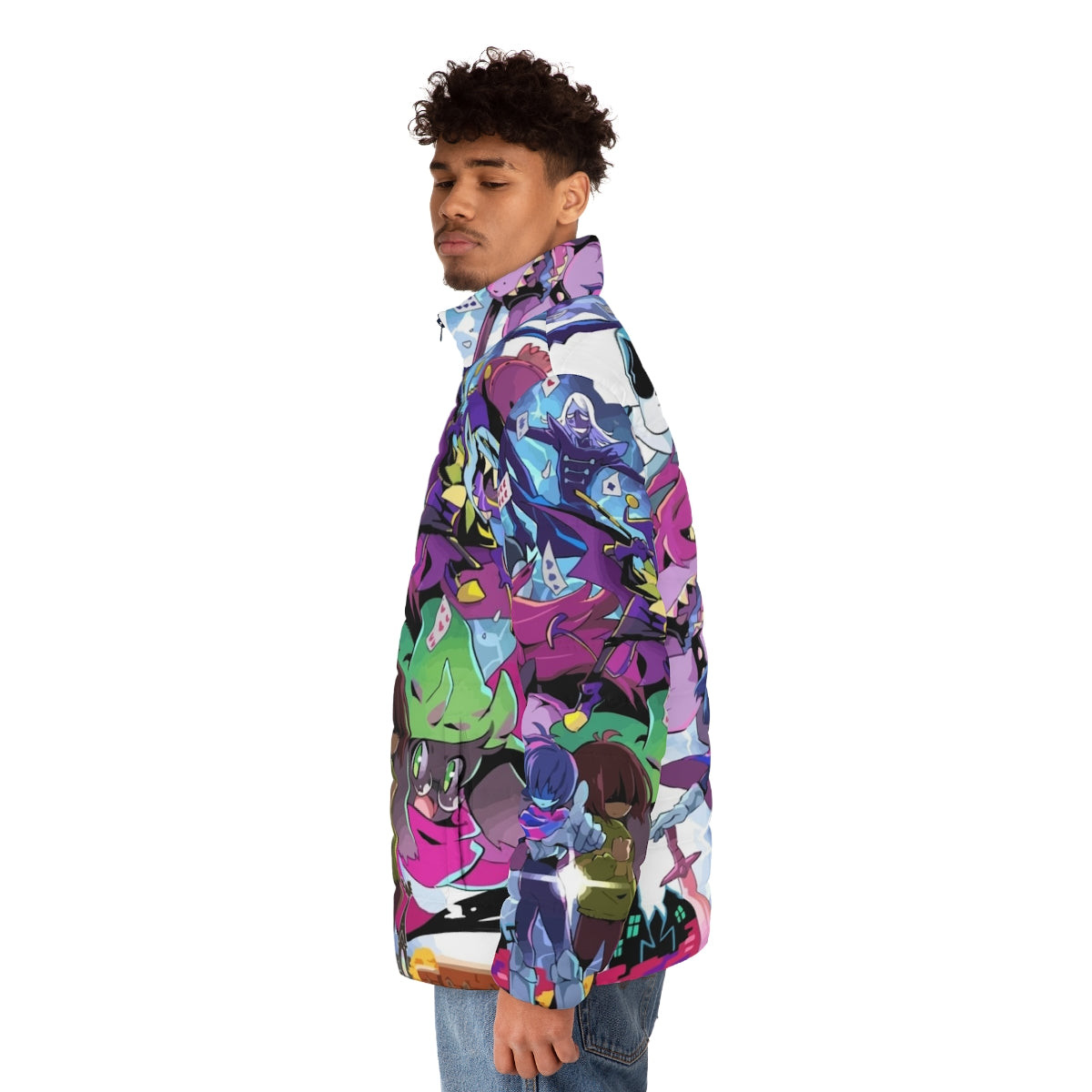 Deltarune Adventure Puffer Jacket with Kris, Susie, and Ralsei graphic - men side left