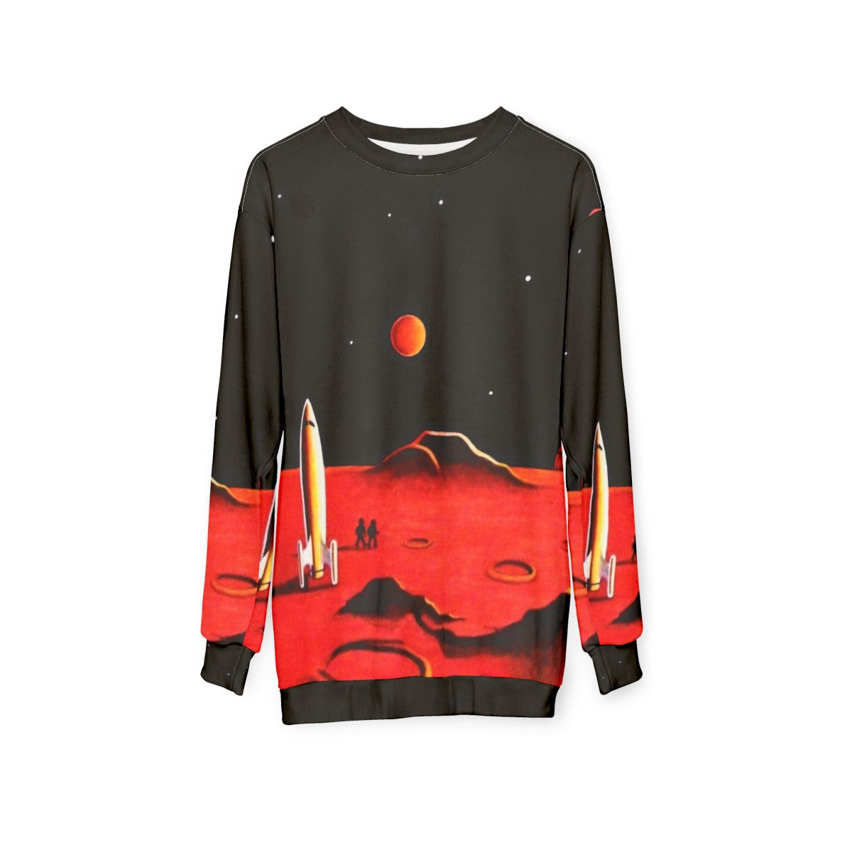 Retro-styled sweatshirt featuring a futuristic city on the planet Mars - hanging