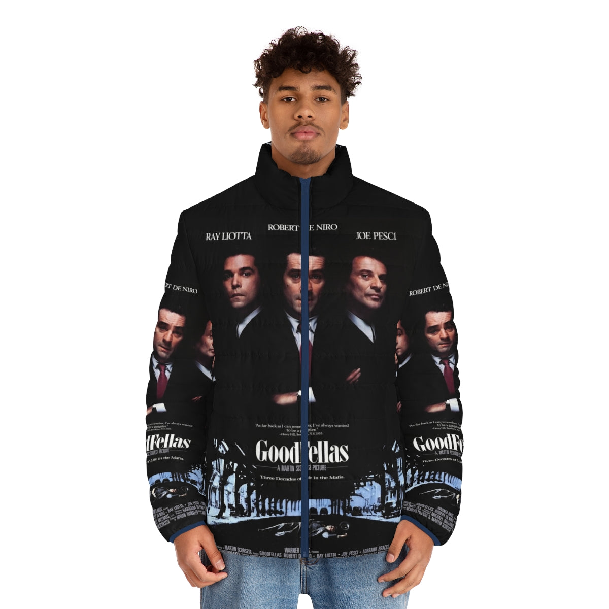 Goodfellas-inspired puffer jacket with movie poster graphics - men front