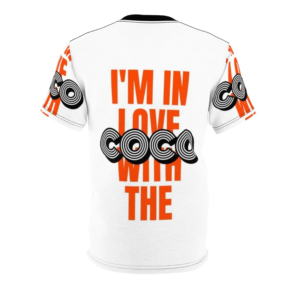 Stylish AOP T-shirt featuring a cool design inspired by the popular "Im in Love with the Coco" song and Conan O'Brien's Team Coco brand. - Back