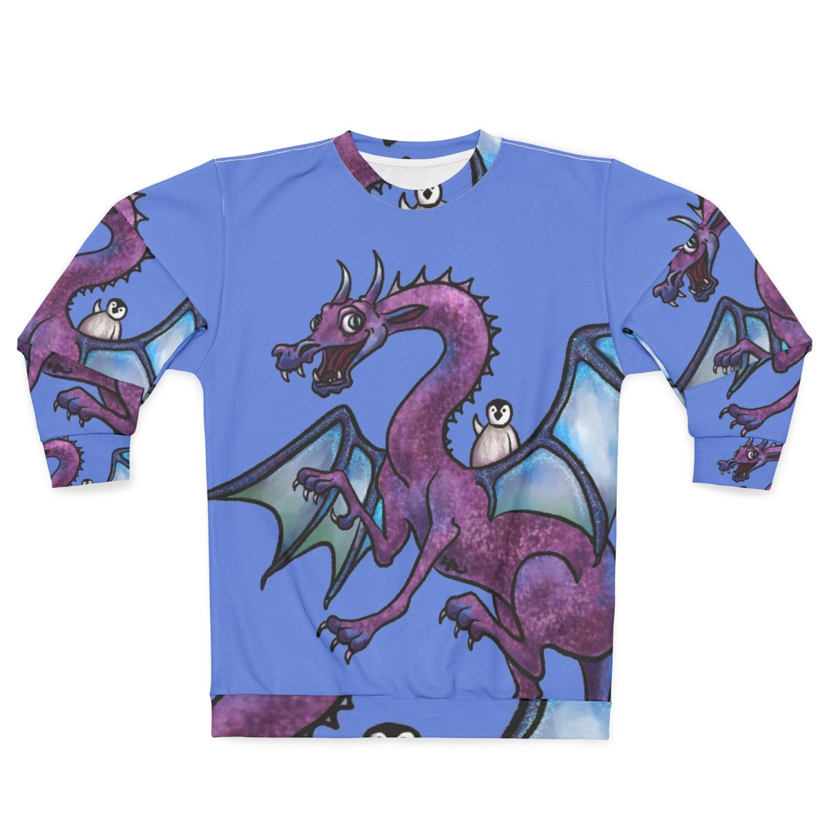 Penguin and dragon saving the day on a heroic fantasy sweatshirt