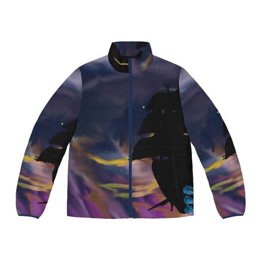 A person wearing a puffer jacket with a space and galaxy-inspired design, including stars, planets, and a silhouetted ship.