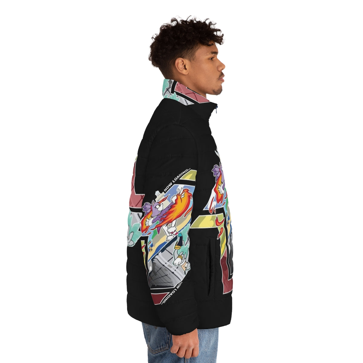 Sonic the Hedgehog themed puffer jacket with gaming and speedrunning inspired design - men side right