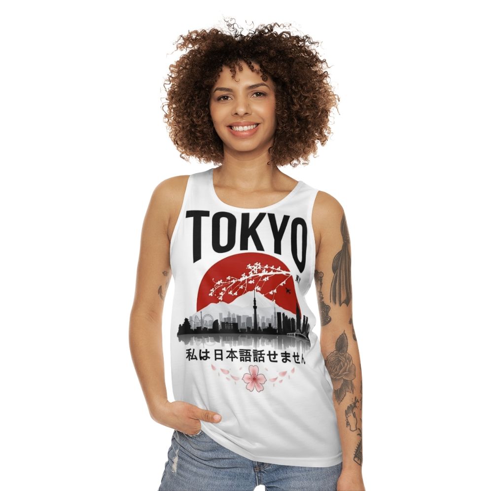 Japanese-inspired tank top with a humorous "I Don't Speak Japanese" design - women