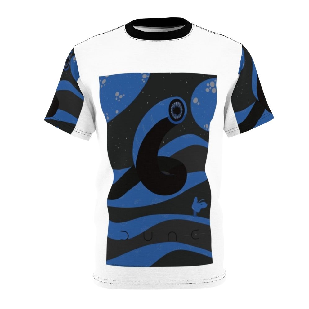 Illustration of a Dune-inspired sandworm and desert landscape on a t-shirt