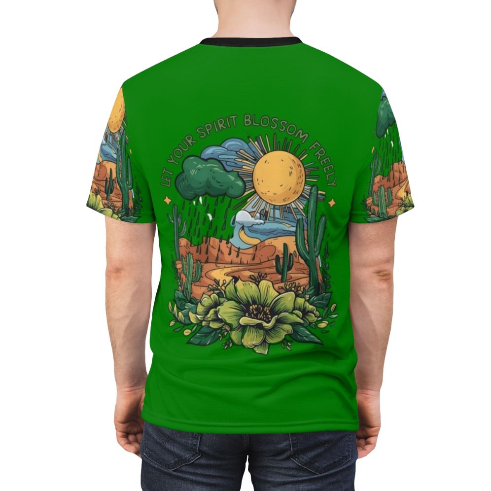 Vibrant floral graphic design featuring blooming flowers, greenery, and a starry sky on a comfortable t-shirt. - men back