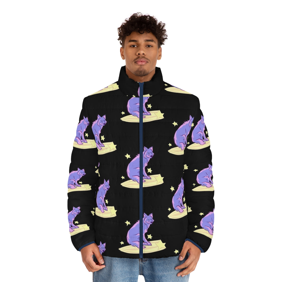 A puffer jacket featuring a majestic celestial wolf design against a night sky of stars - men front