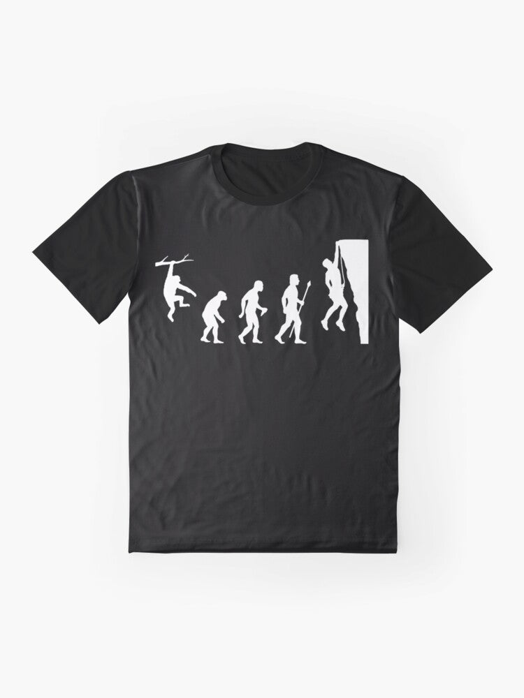 Rock climbing evolution graphic design t-shirt, featuring a funny climbing-themed design - Flat lay