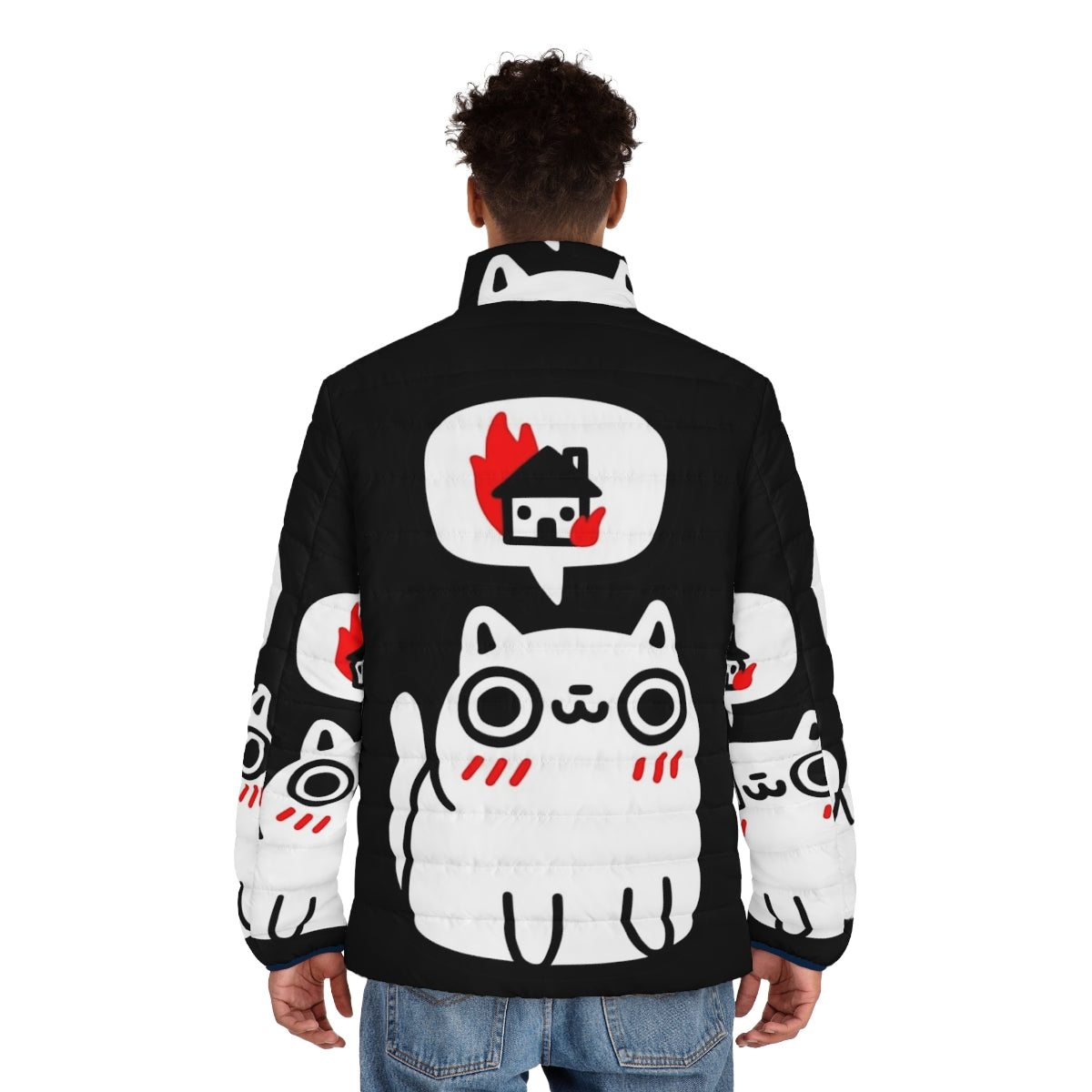 Puffer jacket with a playful cat design - men back