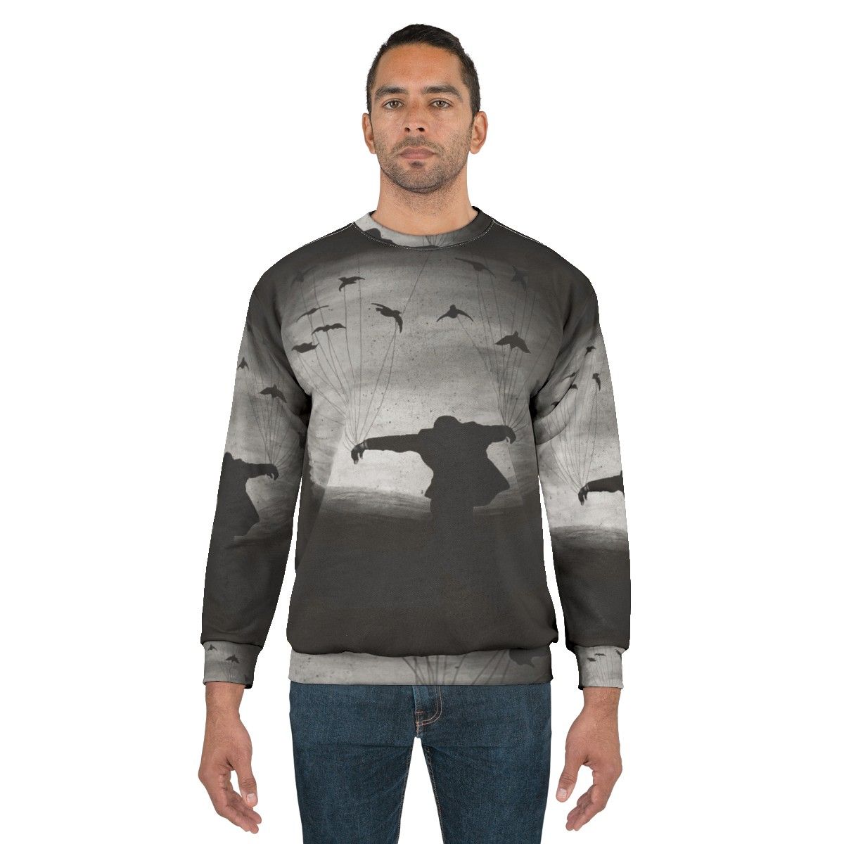 Hand-painted sweatshirt with mysterious raven design - men