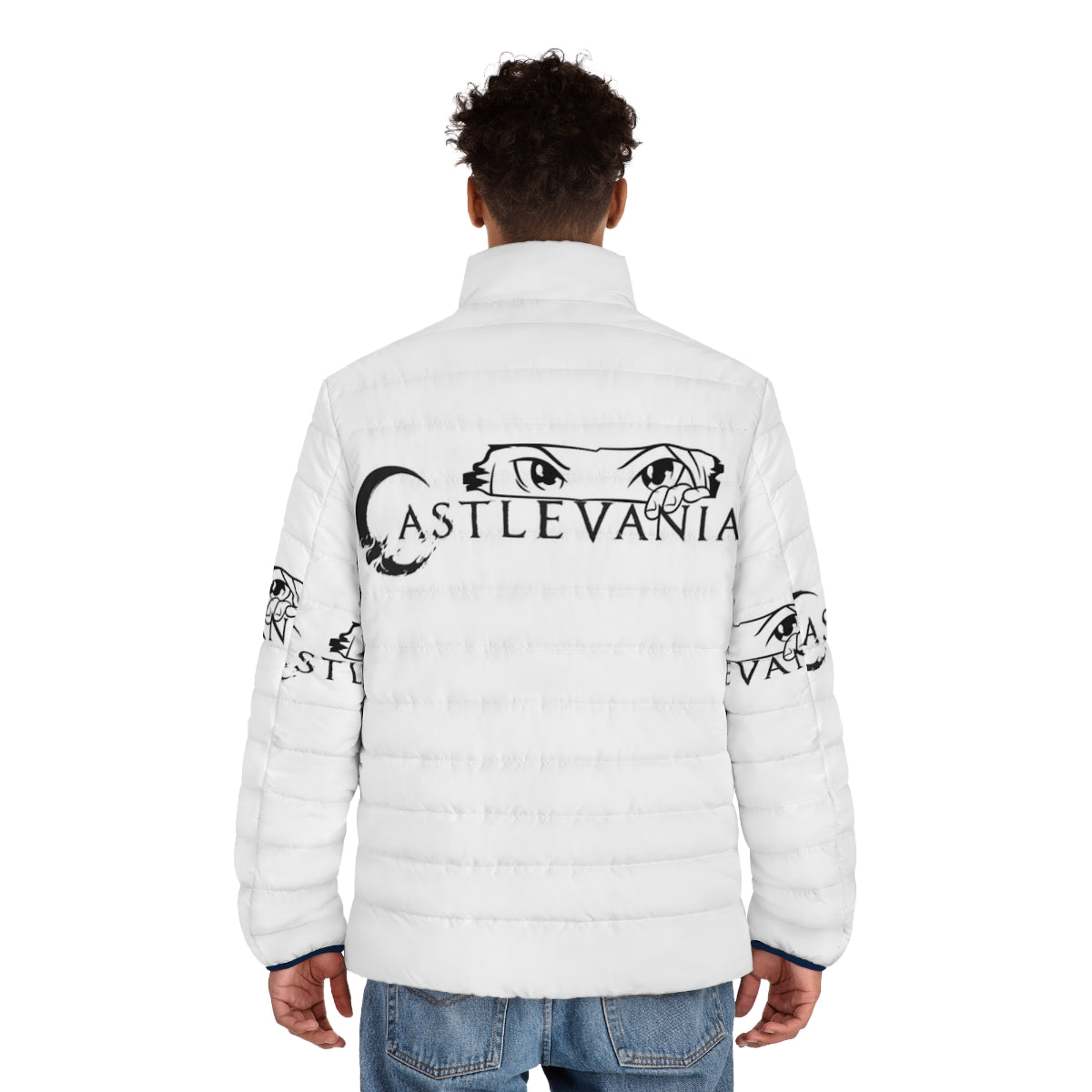 Castlevania inspired puffer jacket with anime and video game graphics - men back