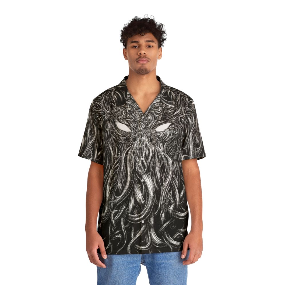 Lovecraft-inspired dark Hawaiian shirt with occult and horror designs - People Front