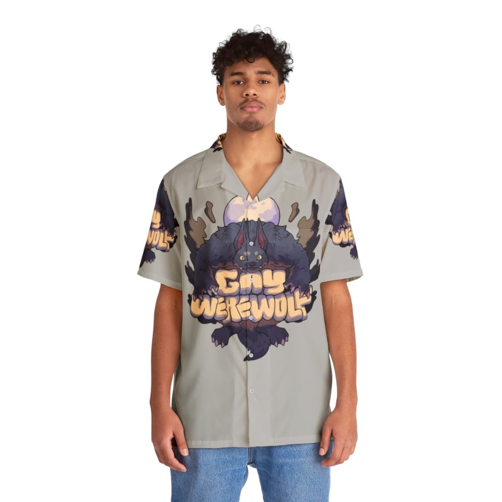 Vibrant Hawaiian-style shirt featuring a werewolf design for a gay pride look - People Front