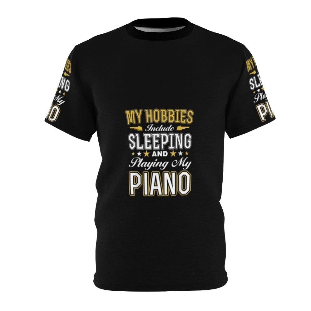 T-shirt design featuring the text "Hobbies Include Sleeping Playing Piano" with a musical note and piano keys