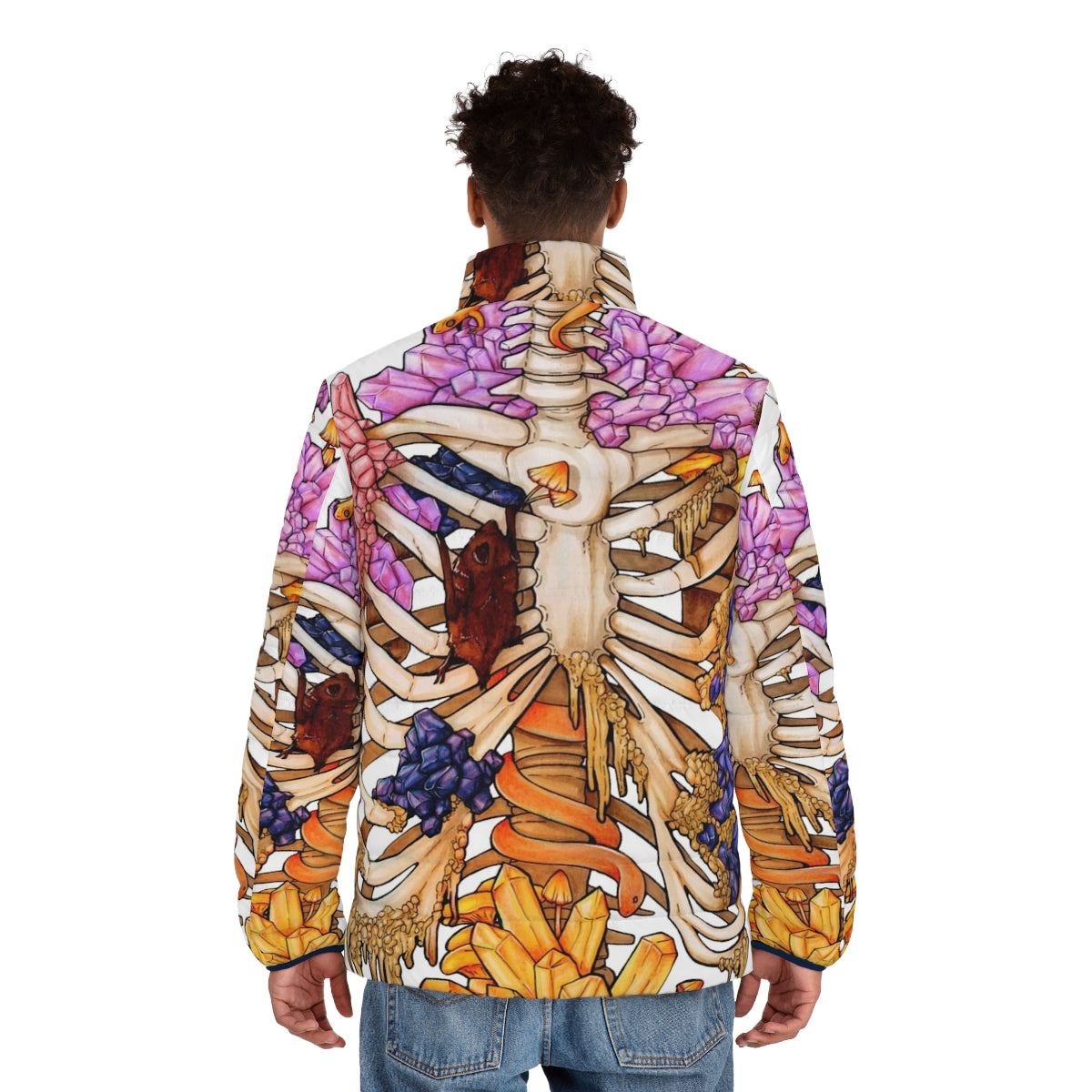 Hidden Gem Puffer Jacket featuring a skeleton design with colorful gems and crystals - men back