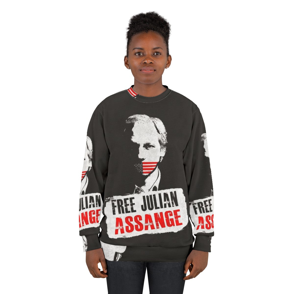 Free Julian Assange Sweatshirt with Wikileaks and Activism Imagery - women