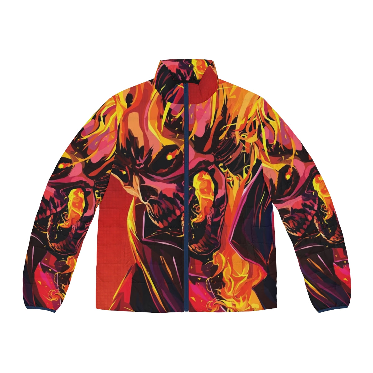 A puffer jacket featuring the iconic Ghost Rider character with a flaming skull design