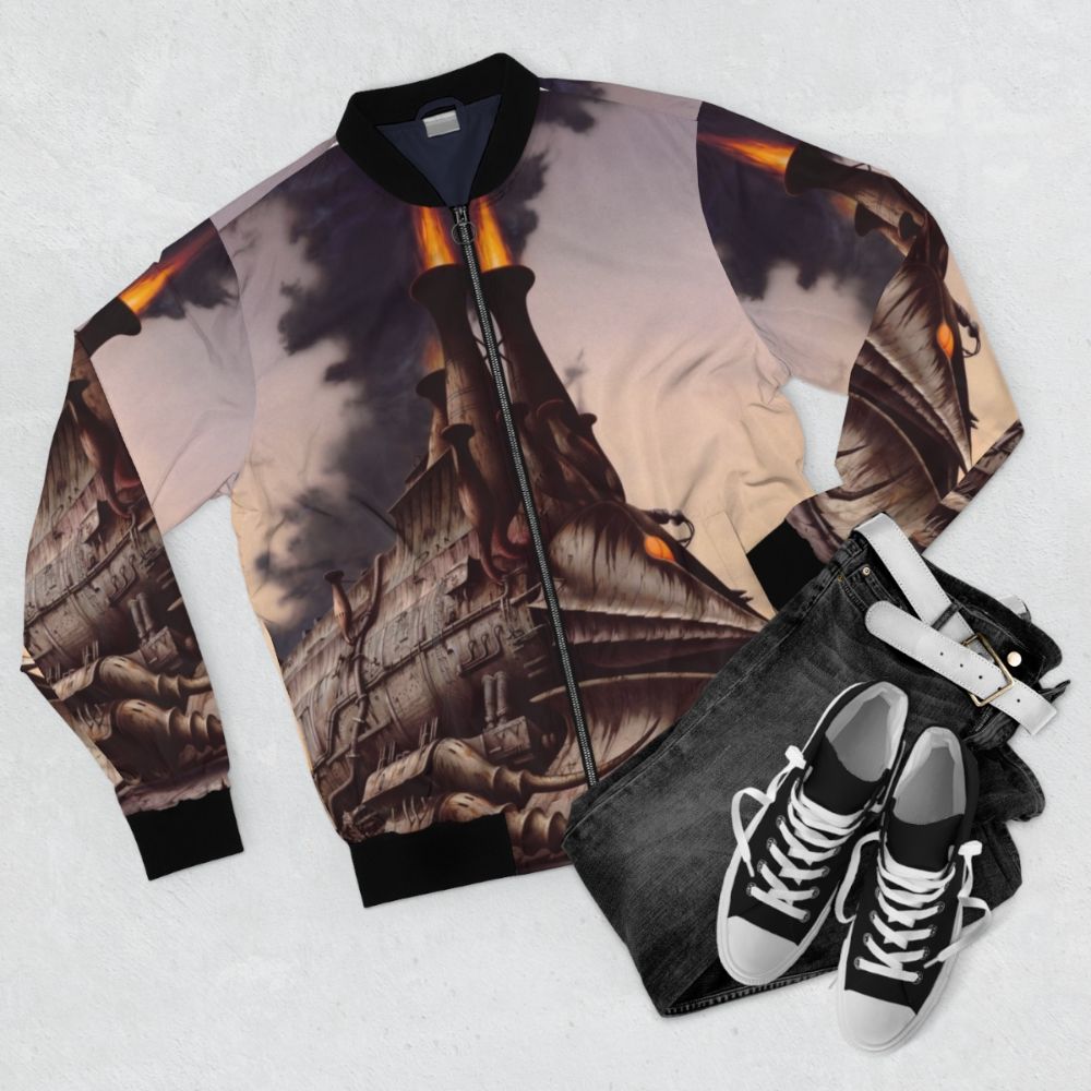 Steampunk-inspired heavy metal album cover bomber jacket - Flat lay