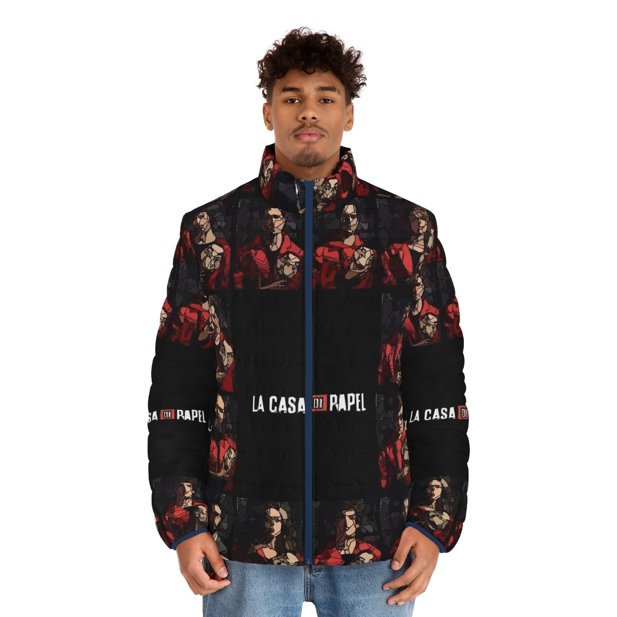 Money Heist Fanart Puffer Jacket with characters and quotes from the hit Netflix series - men front