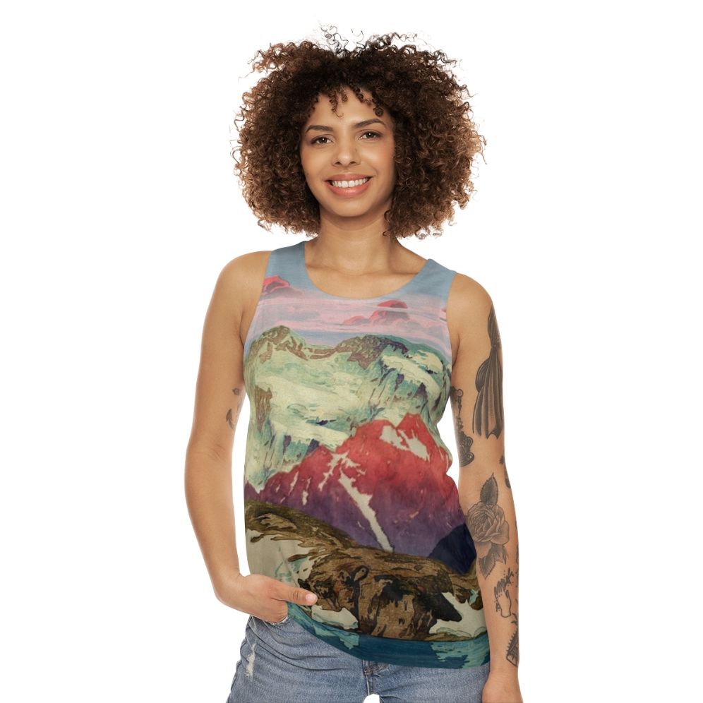 Unisex tank top with a winter landscape inspired by Japanese ukiyo-e art - women