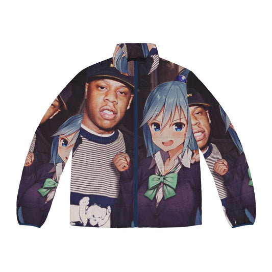 Aqua puffer jacket featuring rapper Jay Z in an anime-inspired design