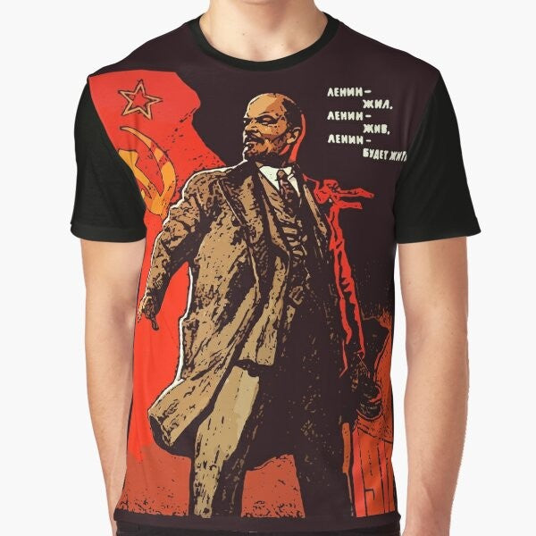 A graphic t-shirt design featuring the iconic image of Vladimir Lenin, the leader of the Bolshevik Revolution and founder of the Soviet Union.