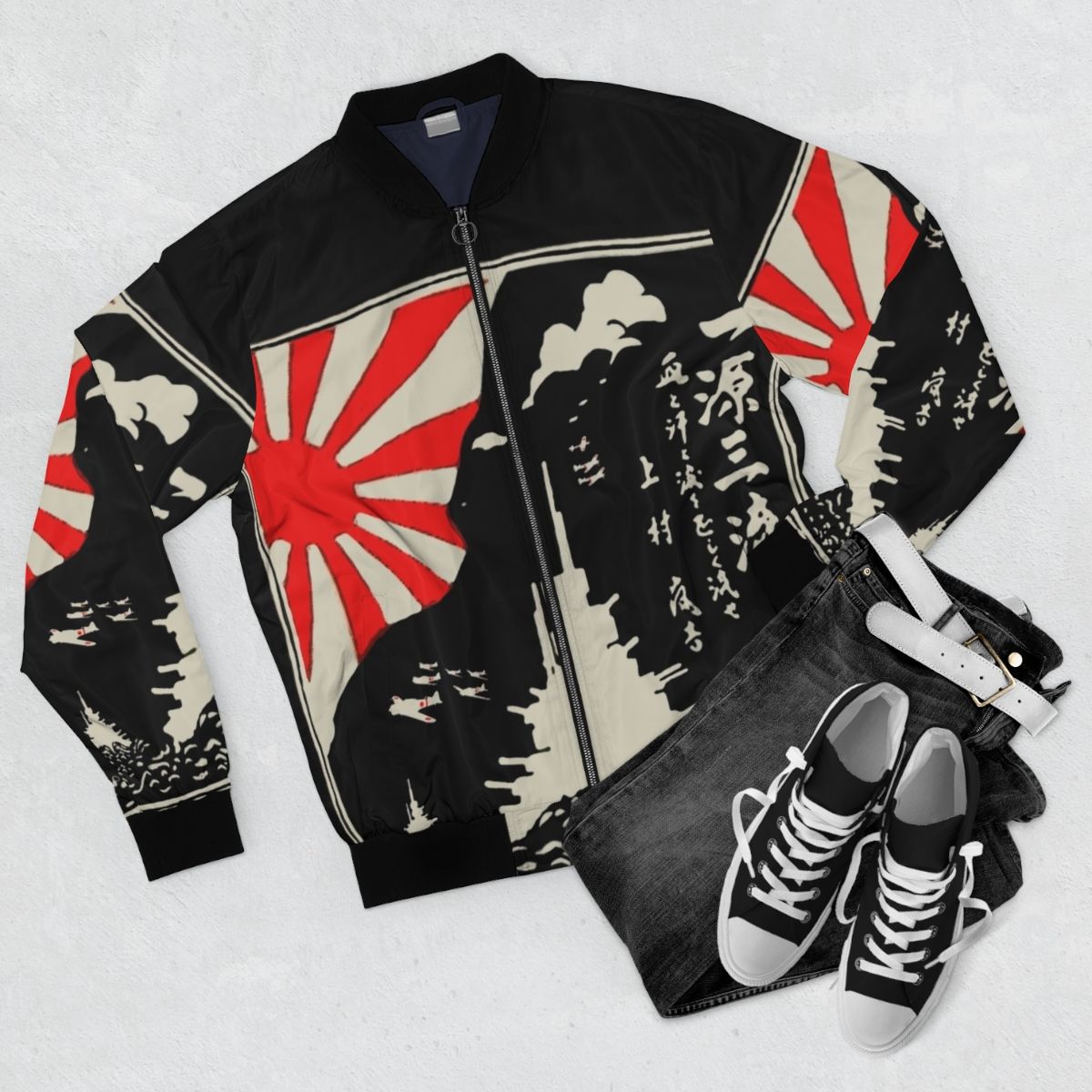 Bomber jacket with Japanese battleship and rising sun design, featuring patriotism, hard work, and compassion. - Flat lay