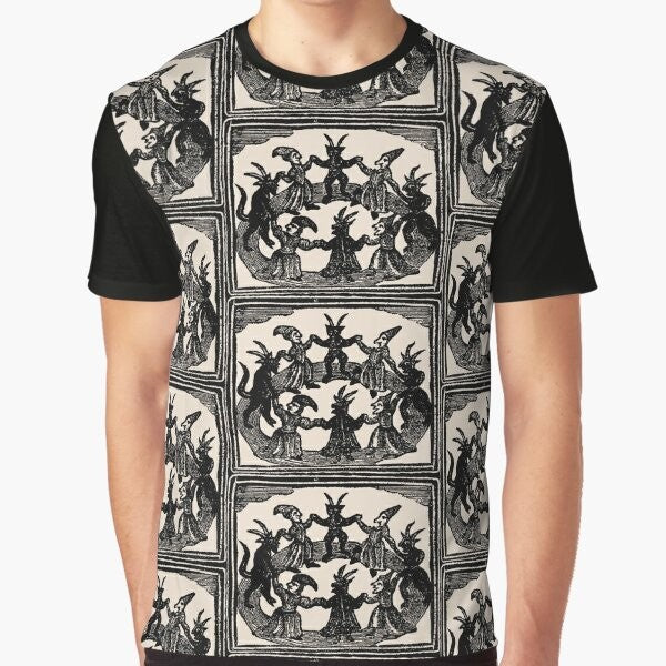 Vintage-style graphic t-shirt featuring a witches' circle dance design in a gothic, medieval style.