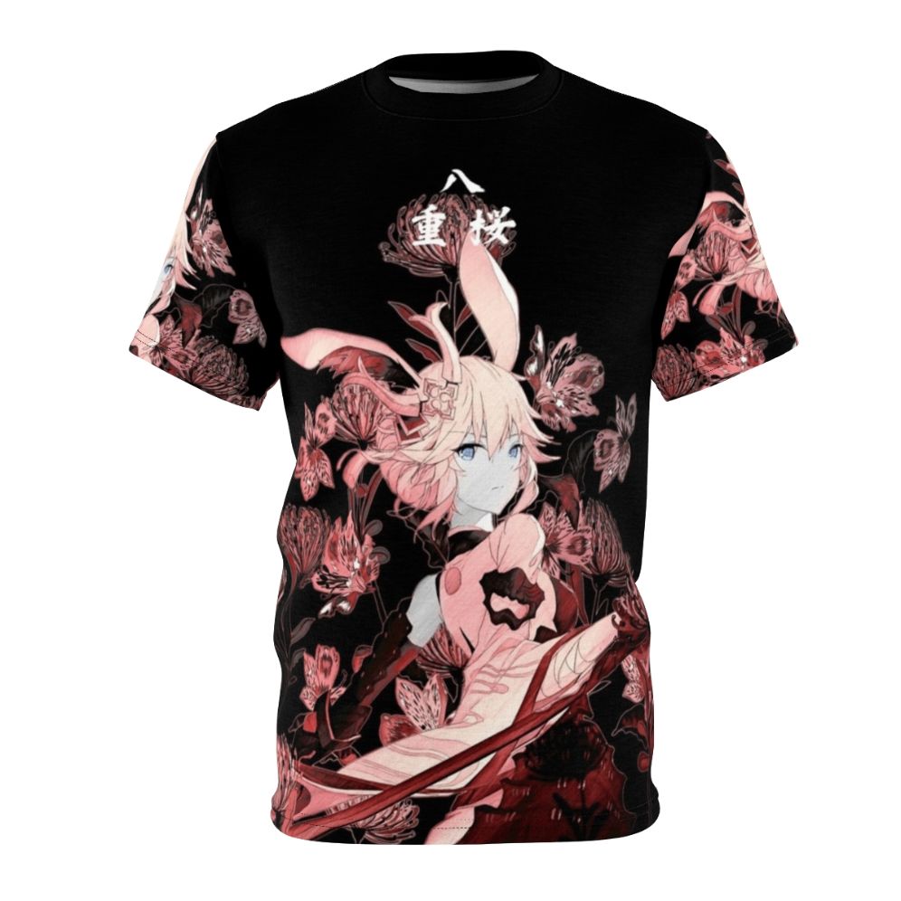 Illustration of a samurai warrior and red flowers on a t-shirt