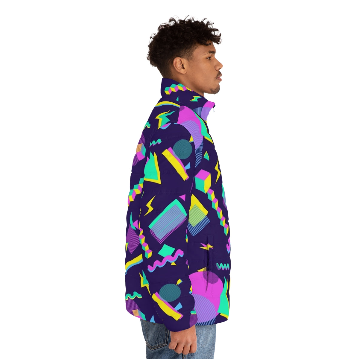 Colorful retro puffer jacket with geometric shapes and vaporwave aesthetic - men side right