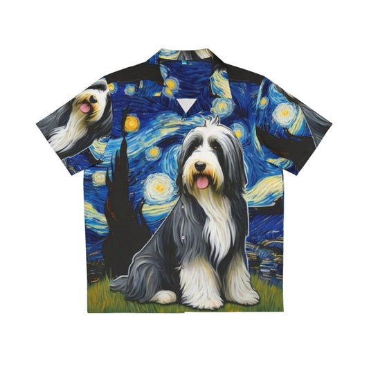 Bearded collie wearing a Hawaiian shirt with a starry night design