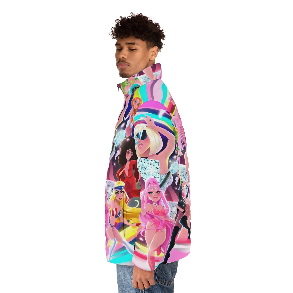 Anniversary puffer jacket with pink and heart design - men side left