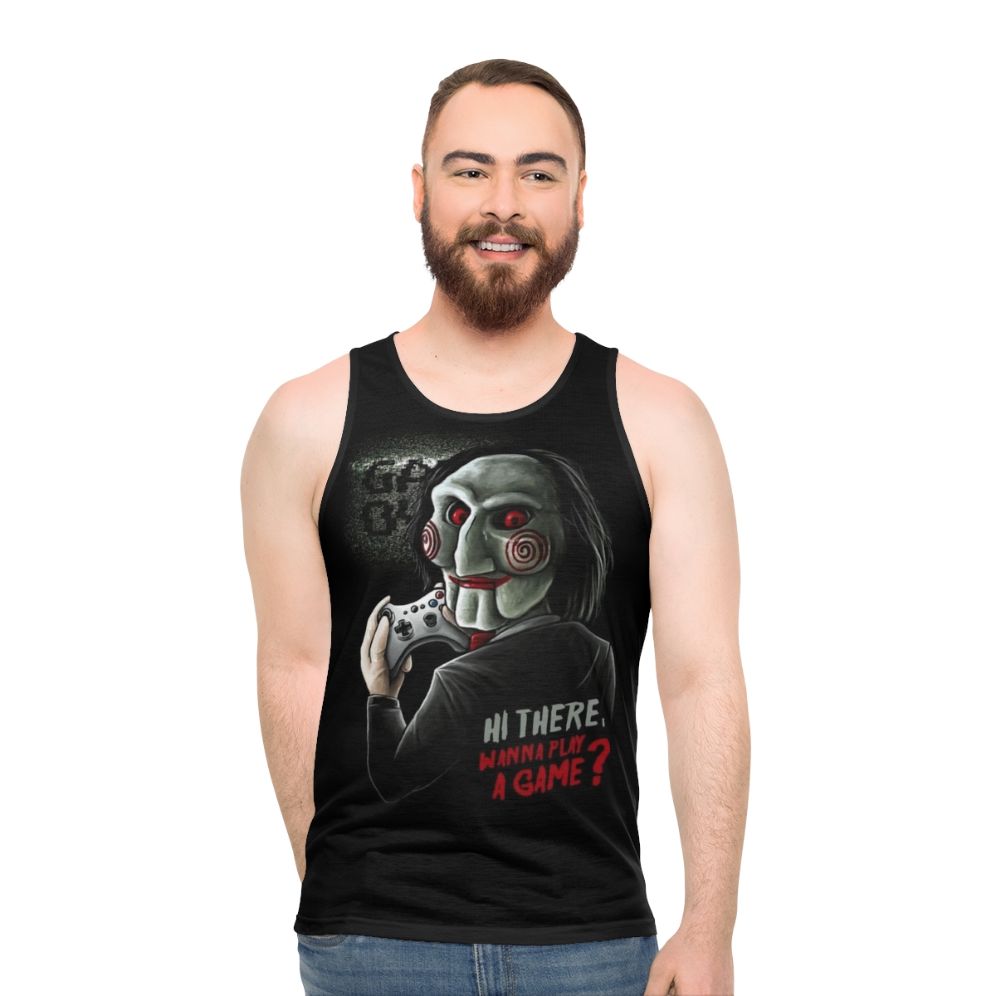 Unisex Wanna Play a Game tank top for horror movie and video game fans - men