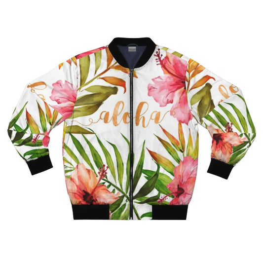 Tropical Hawaiian floral watercolor pattern bomber jacket with palm leaves, hibiscus flowers, and text quote.