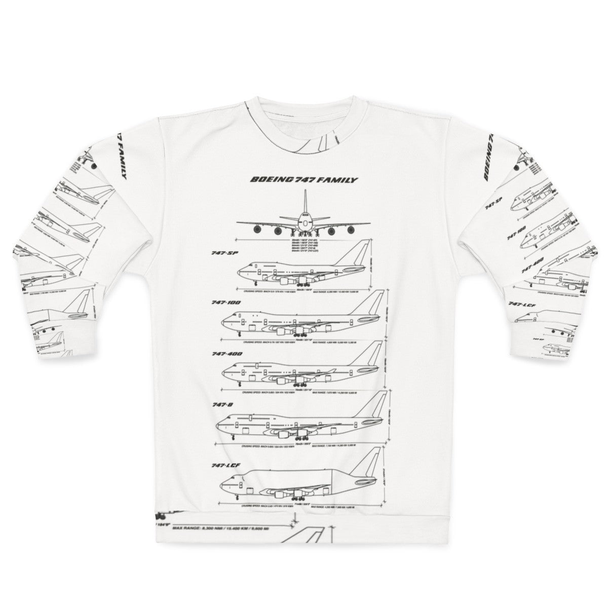 Boeing 747 blueprint design on a white sweatshirt