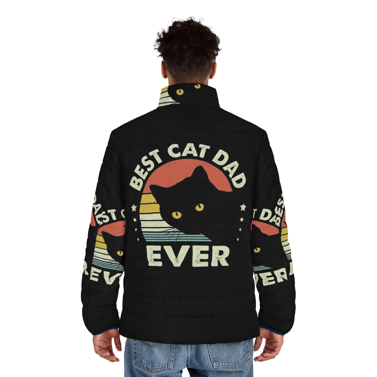 Vintage black cat puffer jacket with "Best Cat Dad Ever" design - men back