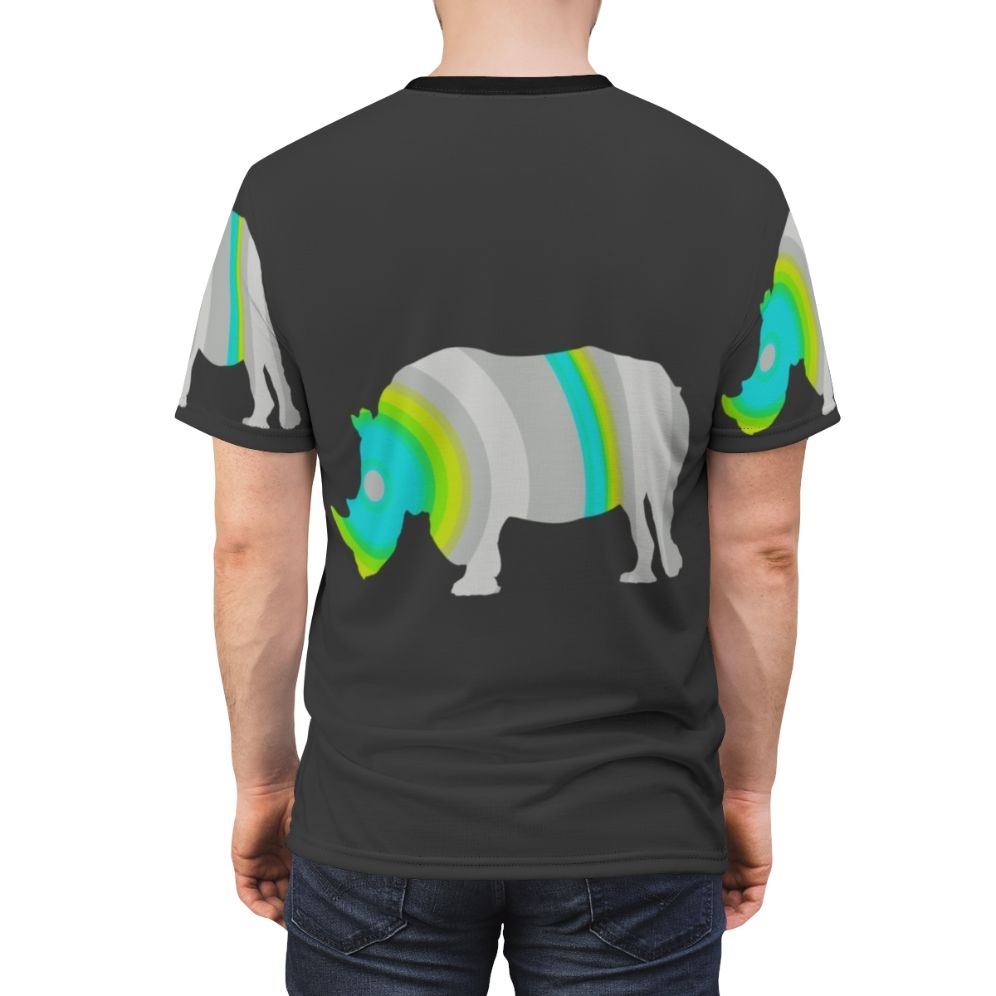 Colorful and abstract illustration of a rhinoceros on a t-shirt - men back