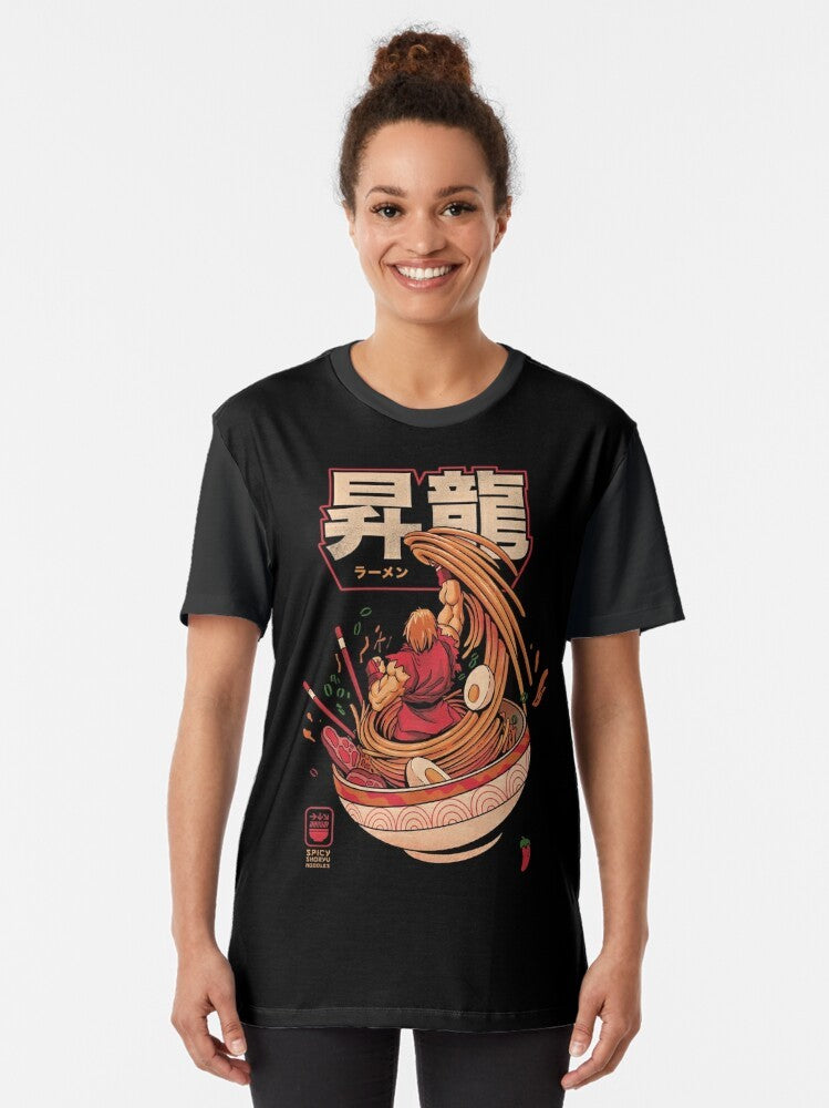 A graphic t-shirt featuring the iconic "Shoryuken" move from the Street Fighter video game series, with a spicy ramen noodle design. - Women