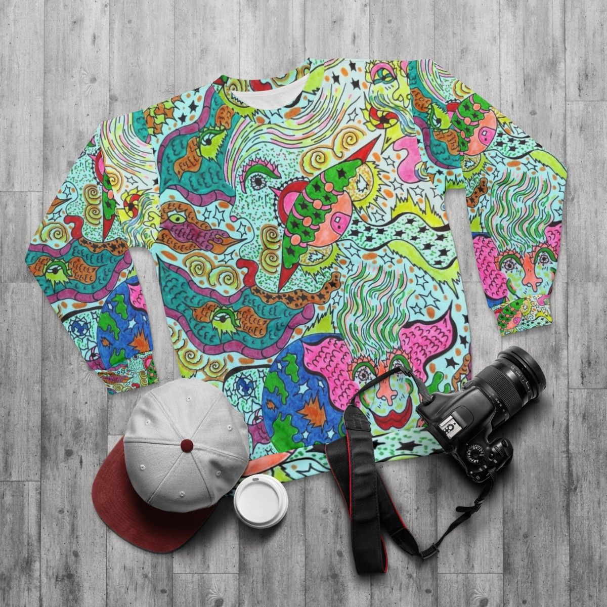 Cosmic visionary angels sweatshirt - flat lay