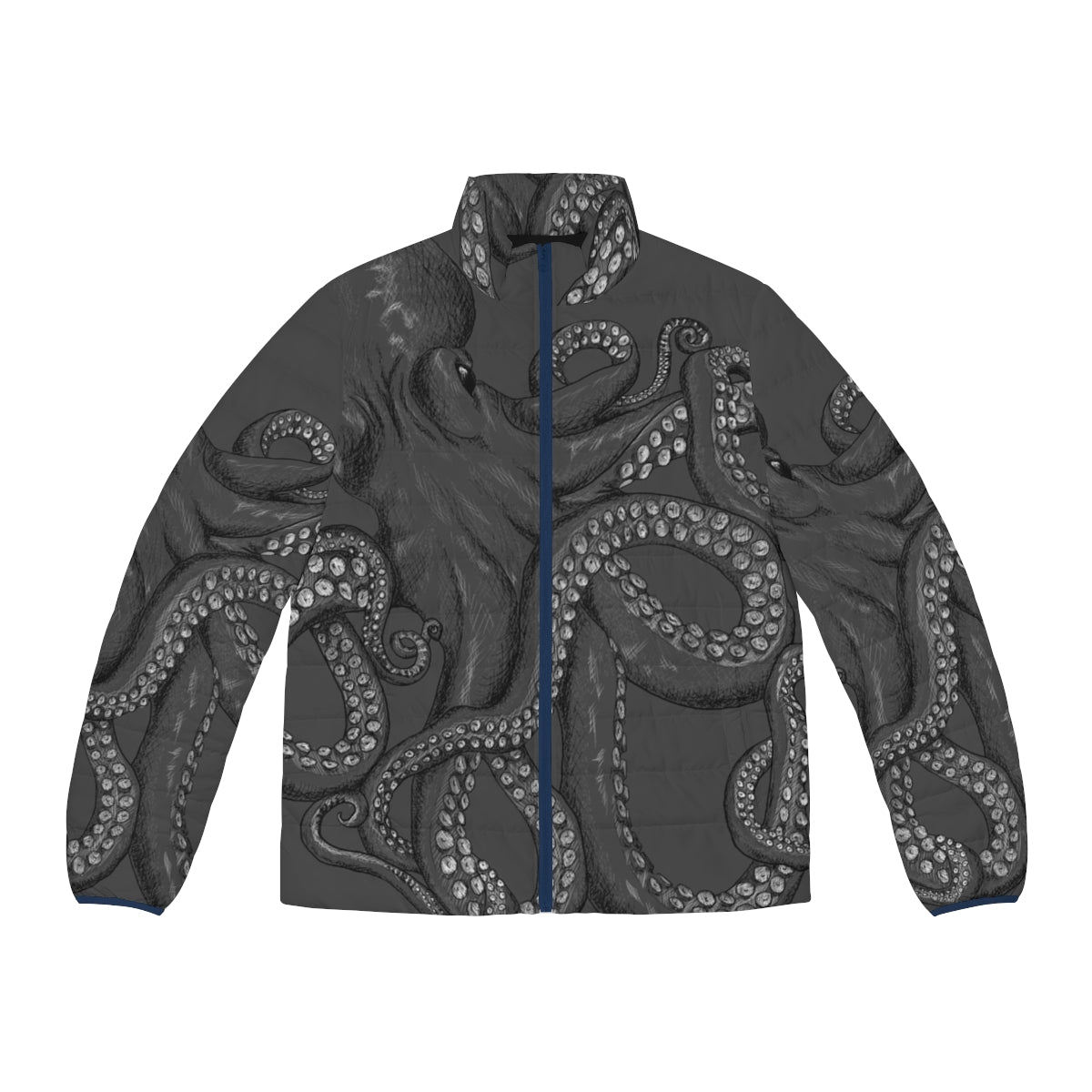 Realistic octopus two-tone puffer jacket featuring intricate line art and ink design